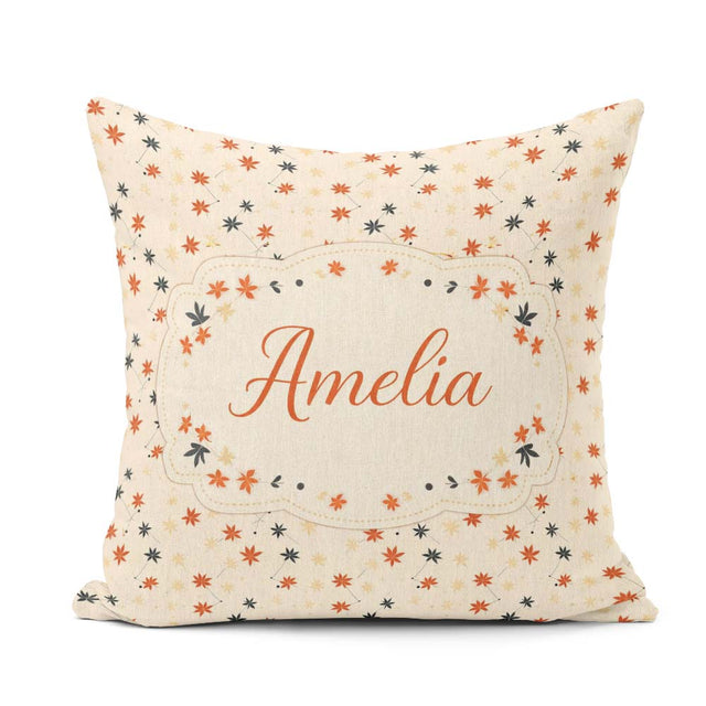 Custom Name Small Stylised Autumn Leaves in Red and Dark Teal on Square Filled Cushion Throw Pillow Sofa Bed Home Decor Zip Washable UK Made
