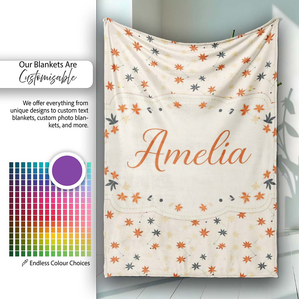 Small Stylised Autumn Leaves in Red and Dark Teal on Beige Lovely  Personalised Custom Name Super Soft Fleece Blanket Bed Sofa Throw
