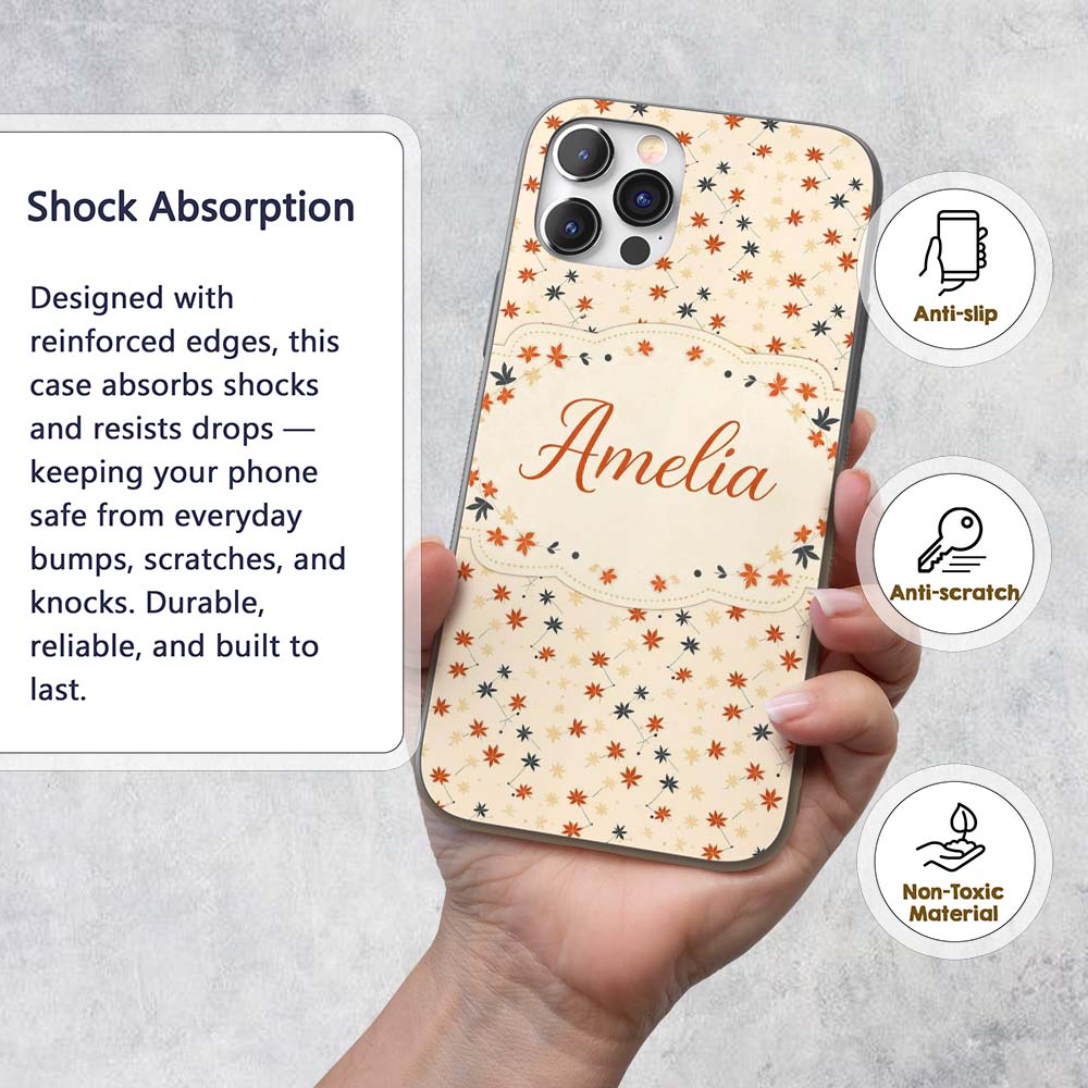 Small Stylised Autumn Leaves in Red and Dark Teal Custom Name Protective Phone Case Mobile Cover Durable Everyday Smartphone Shock Resistant
