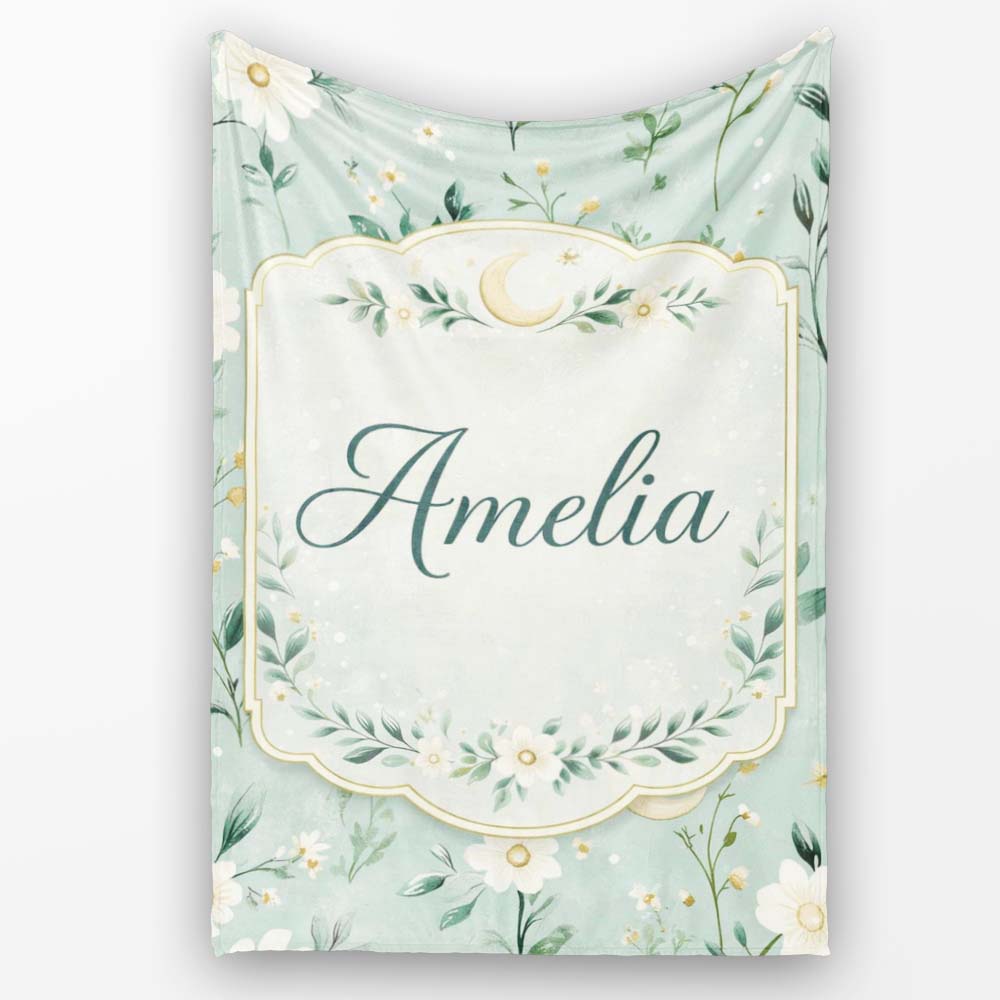 Green Floral Moon Seamless Pattern Charming  Decor Lovely  Personalised Custom Name Super Soft Fleece Blanket Bed Sofa Throw