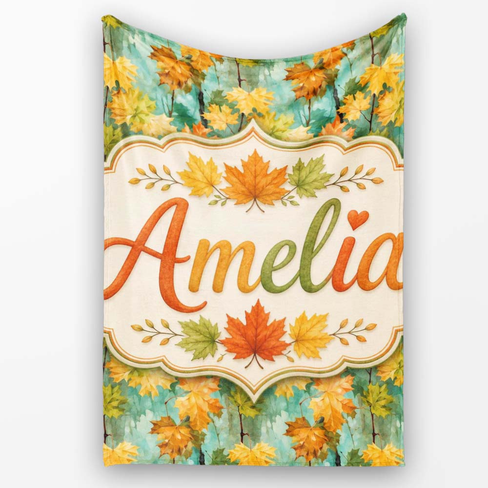 Watercolour Golden Maple Leaves on Teal Painterly Background Lovely  Personalised Custom Name Super Soft Fleece Blanket Bed Sofa Throw