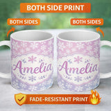 Personalized Custom Name Soft Pastel Snowflake Winter Seamless Pattern Cute Unique Gift 11oz Ceramic Coffee Tea Mug White Large Handle