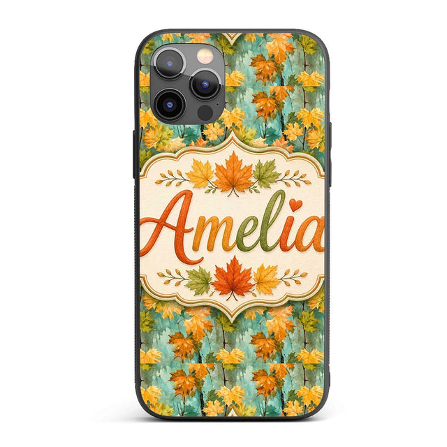 Watercolour Golden Maple Leaves on Teal Painterly Custom Name Protective Phone Case Mobile Cover Durable Everyday Smartphone Shock Resistant