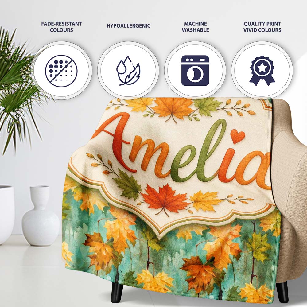 Watercolour Golden Maple Leaves on Teal Painterly Background Lovely  Personalised Custom Name Super Soft Fleece Blanket Bed Sofa Throw
