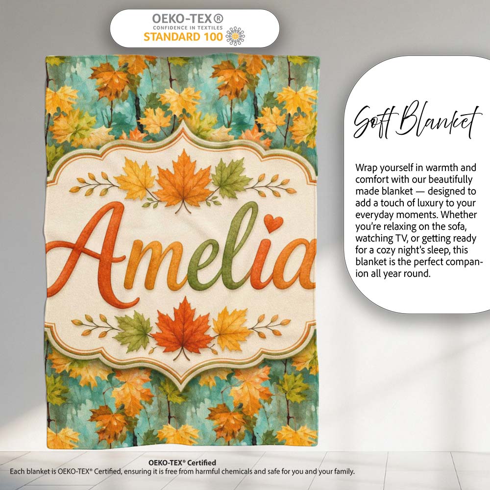 Watercolour Golden Maple Leaves on Teal Painterly Background Lovely  Personalised Custom Name Super Soft Fleece Blanket Bed Sofa Throw