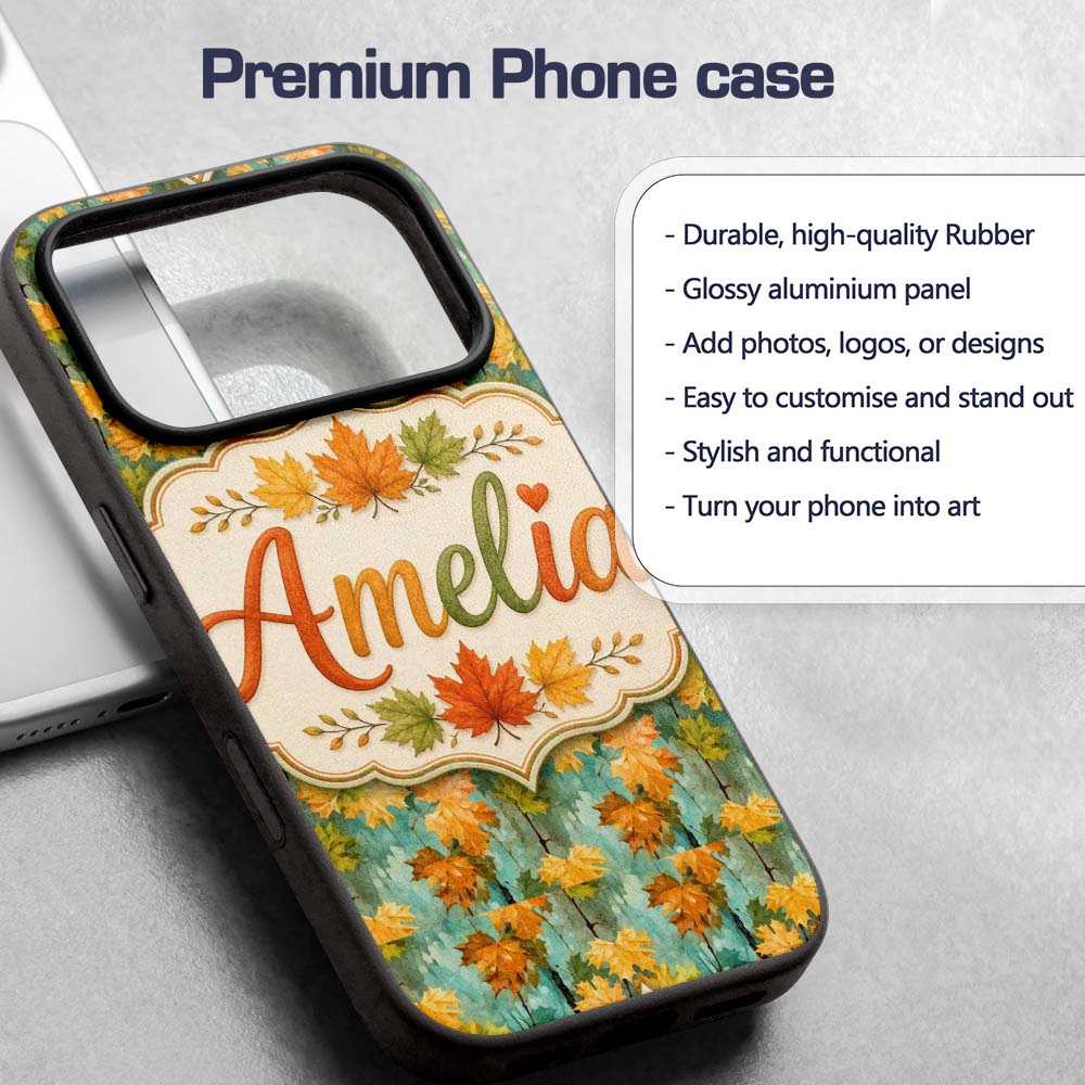 Watercolour Golden Maple Leaves on Teal Painterly Custom Name Protective Phone Case Mobile Cover Durable Everyday Smartphone Shock Resistant