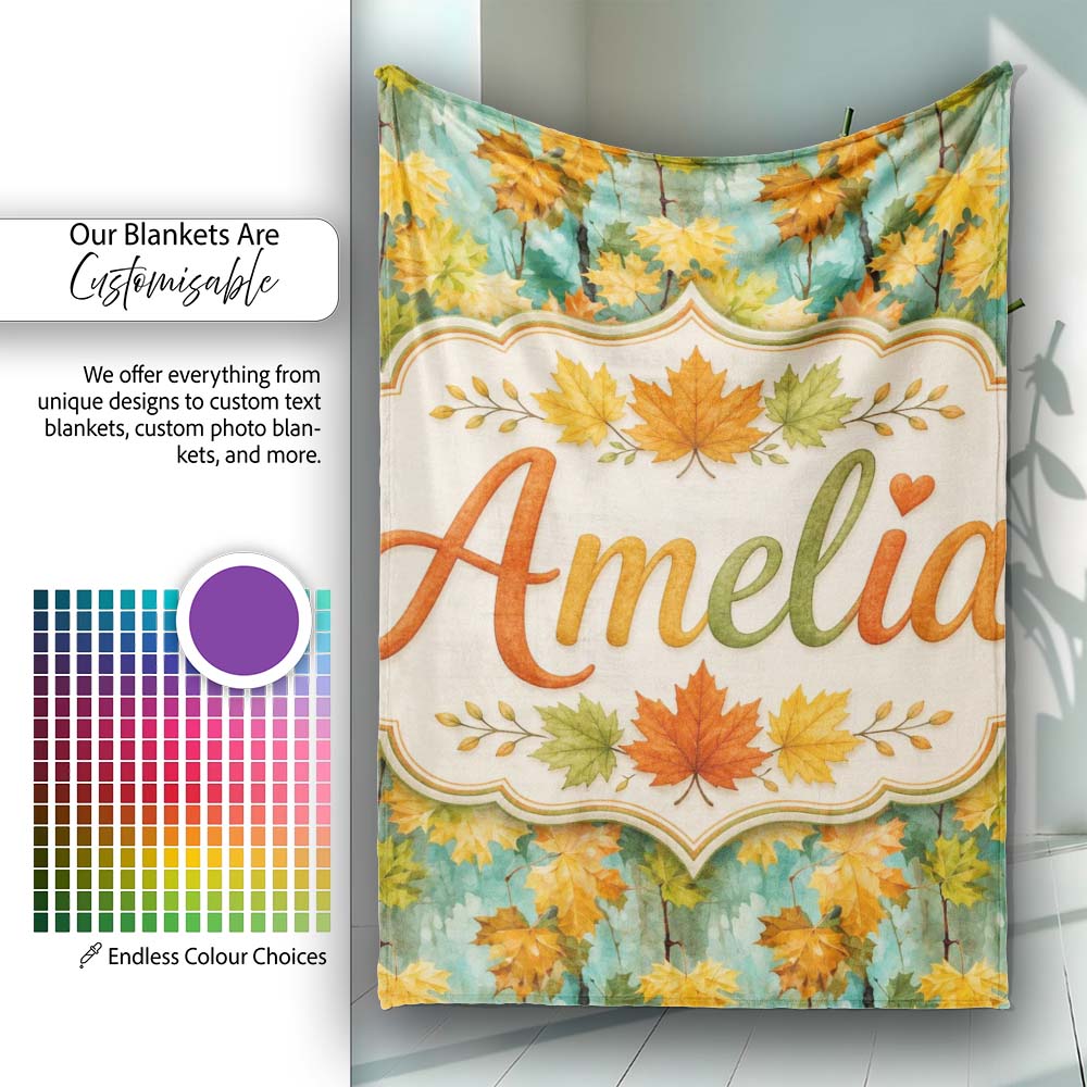 Watercolour Golden Maple Leaves on Teal Painterly Background Lovely  Personalised Custom Name Super Soft Fleece Blanket Bed Sofa Throw