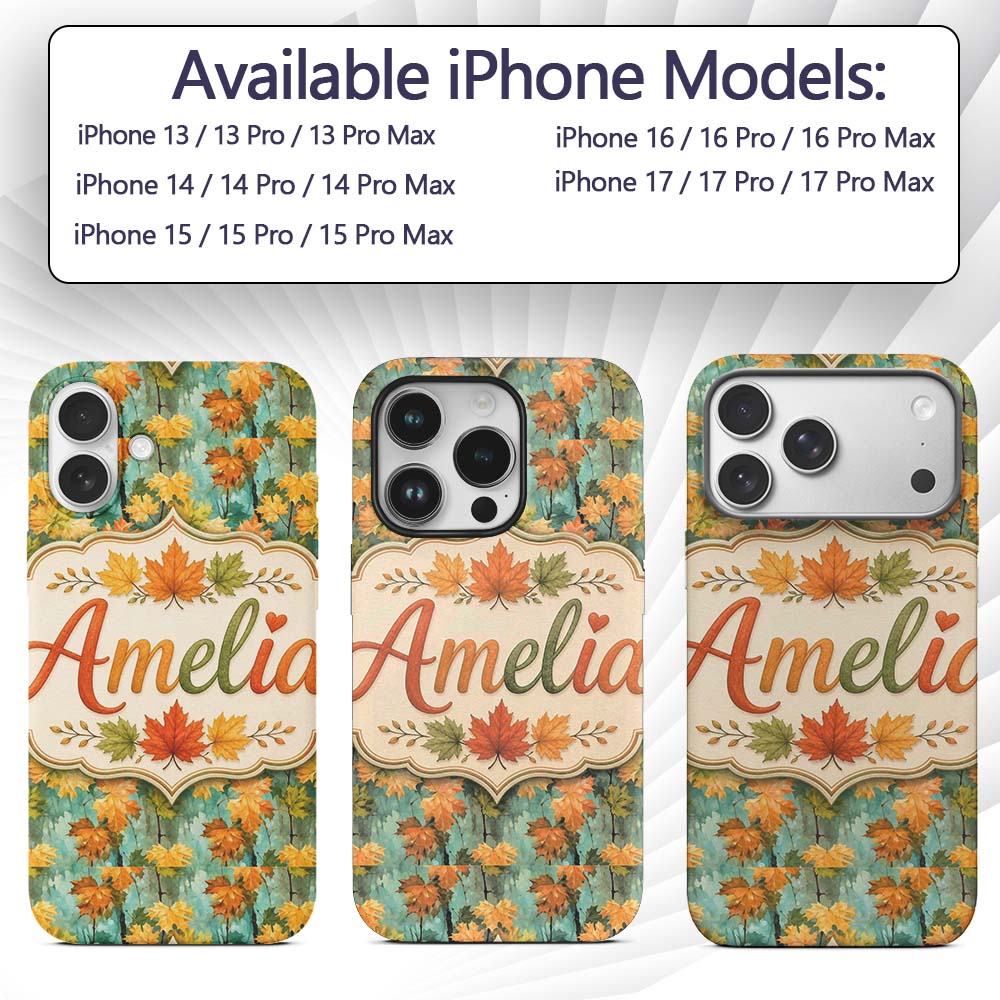 Watercolour Golden Maple Leaves on Teal Painterly Custom Name Protective Phone Case Mobile Cover Durable Everyday Smartphone Shock Resistant