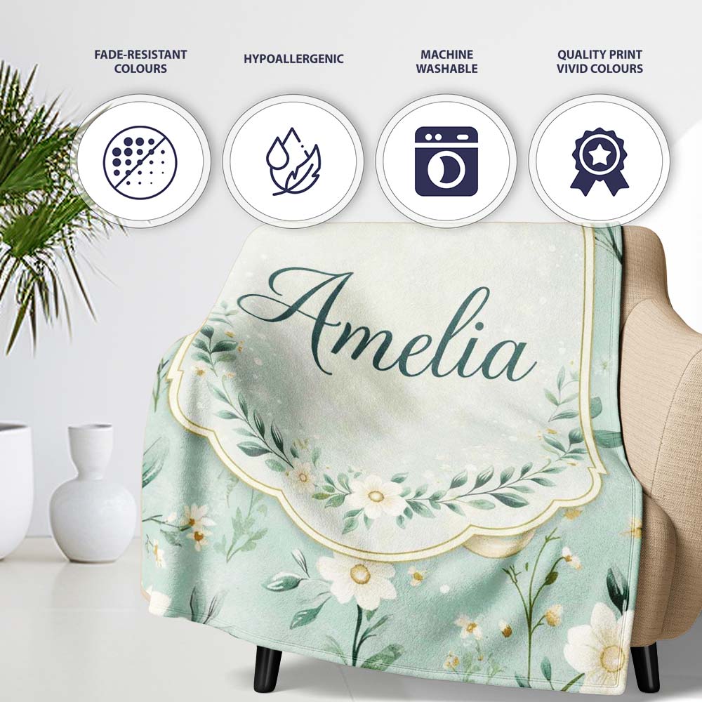 Green Floral Moon Seamless Pattern Charming  Decor Lovely  Personalised Custom Name Super Soft Fleece Blanket Bed Sofa Throw