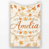 Neutral Autumn Maple Leaves in Soft Beige and Orange Tones on Light  Personalised Custom Name Super Soft Fleece Blanket Bed Sofa Throw