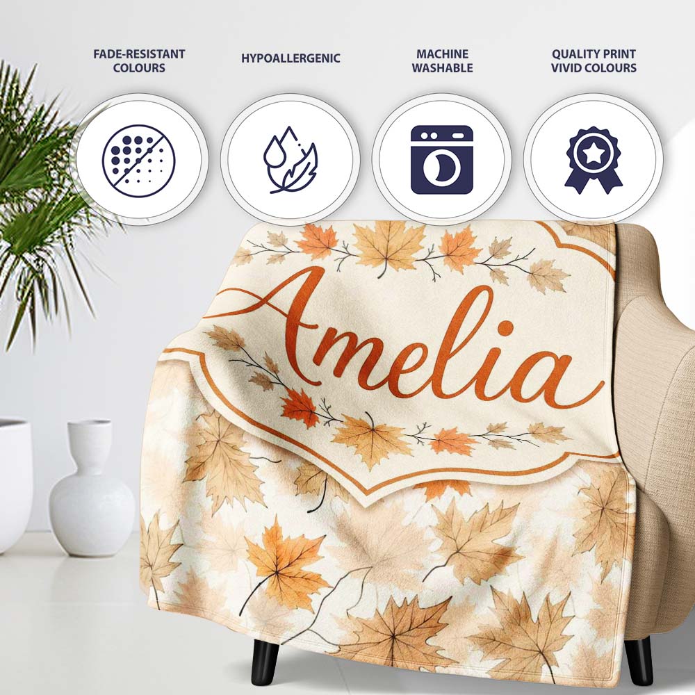 Neutral Autumn Maple Leaves in Soft Beige and Orange Tones on Light  Personalised Custom Name Super Soft Fleece Blanket Bed Sofa Throw