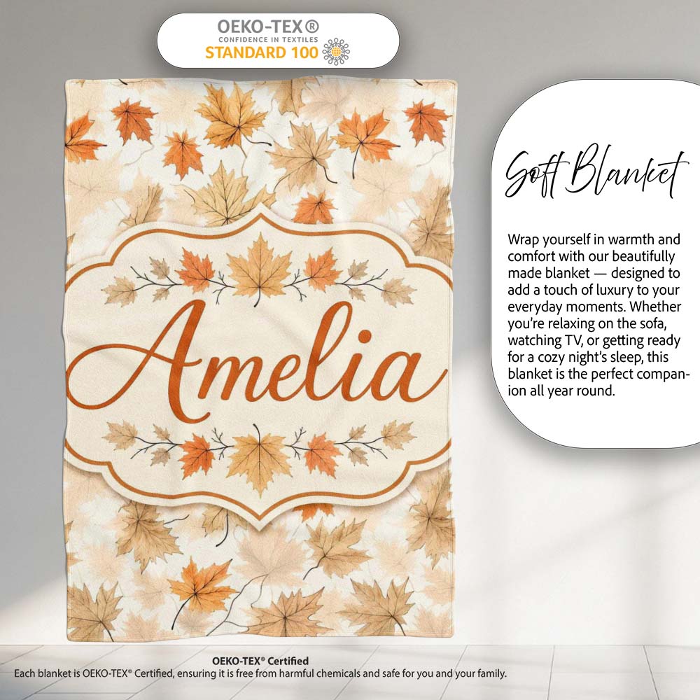 Neutral Autumn Maple Leaves in Soft Beige and Orange Tones on Light  Personalised Custom Name Super Soft Fleece Blanket Bed Sofa Throw