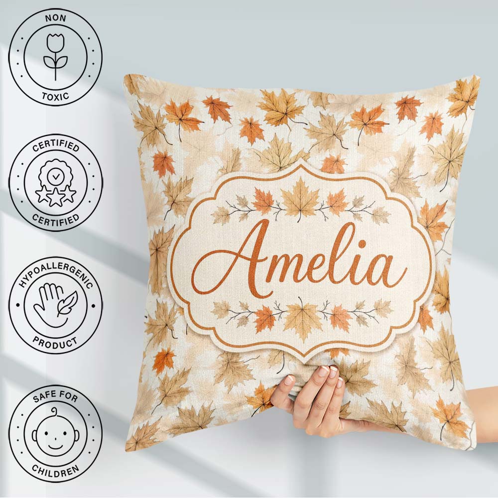 Custom Name Autumn Maple Leaves in Soft Beige and Tones on Light Square Filled Cushion Throw Pillow Sofa Bed Home Decor Zip Washable UK Made