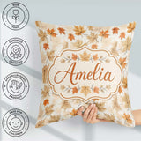Custom Name Autumn Maple Leaves in Soft Beige and Tones on Light Square Filled Cushion Throw Pillow Sofa Bed Home Decor Zip Washable UK Made