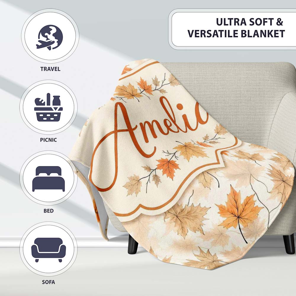 Neutral Autumn Maple Leaves in Soft Beige and Orange Tones on Light  Personalised Custom Name Super Soft Fleece Blanket Bed Sofa Throw