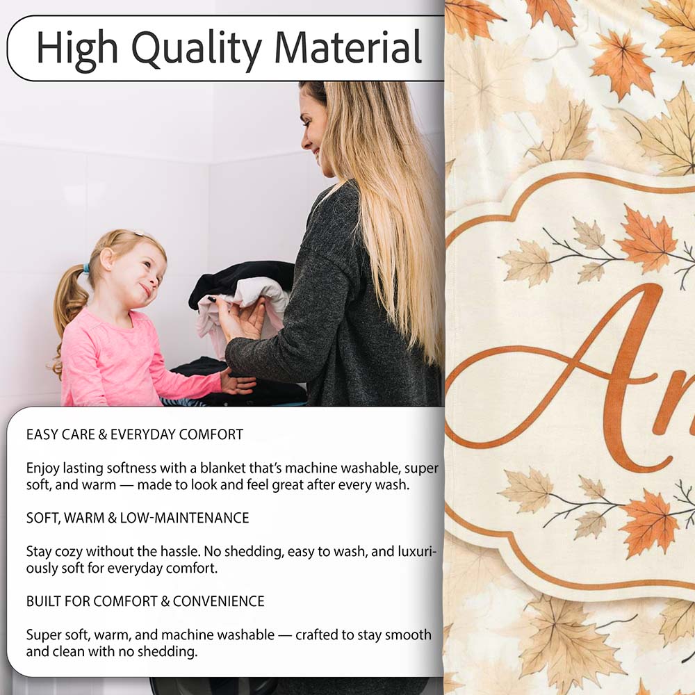 Neutral Autumn Maple Leaves in Soft Beige and Orange Tones on Light  Personalised Custom Name Super Soft Fleece Blanket Bed Sofa Throw