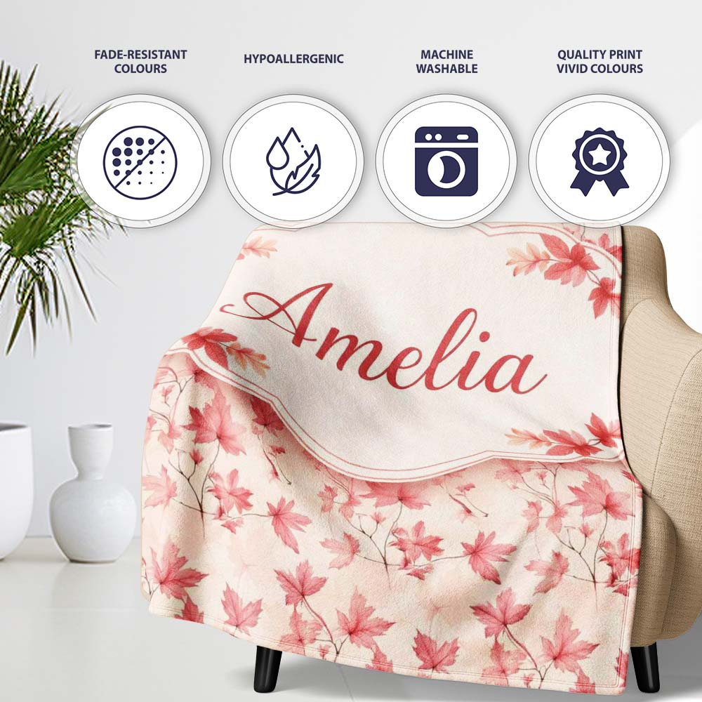 Blush Pink Maple Leaf Branches on Soft Cream Background Lovely  Personalised Custom Name Super Soft Fleece Blanket Bed Sofa Throw