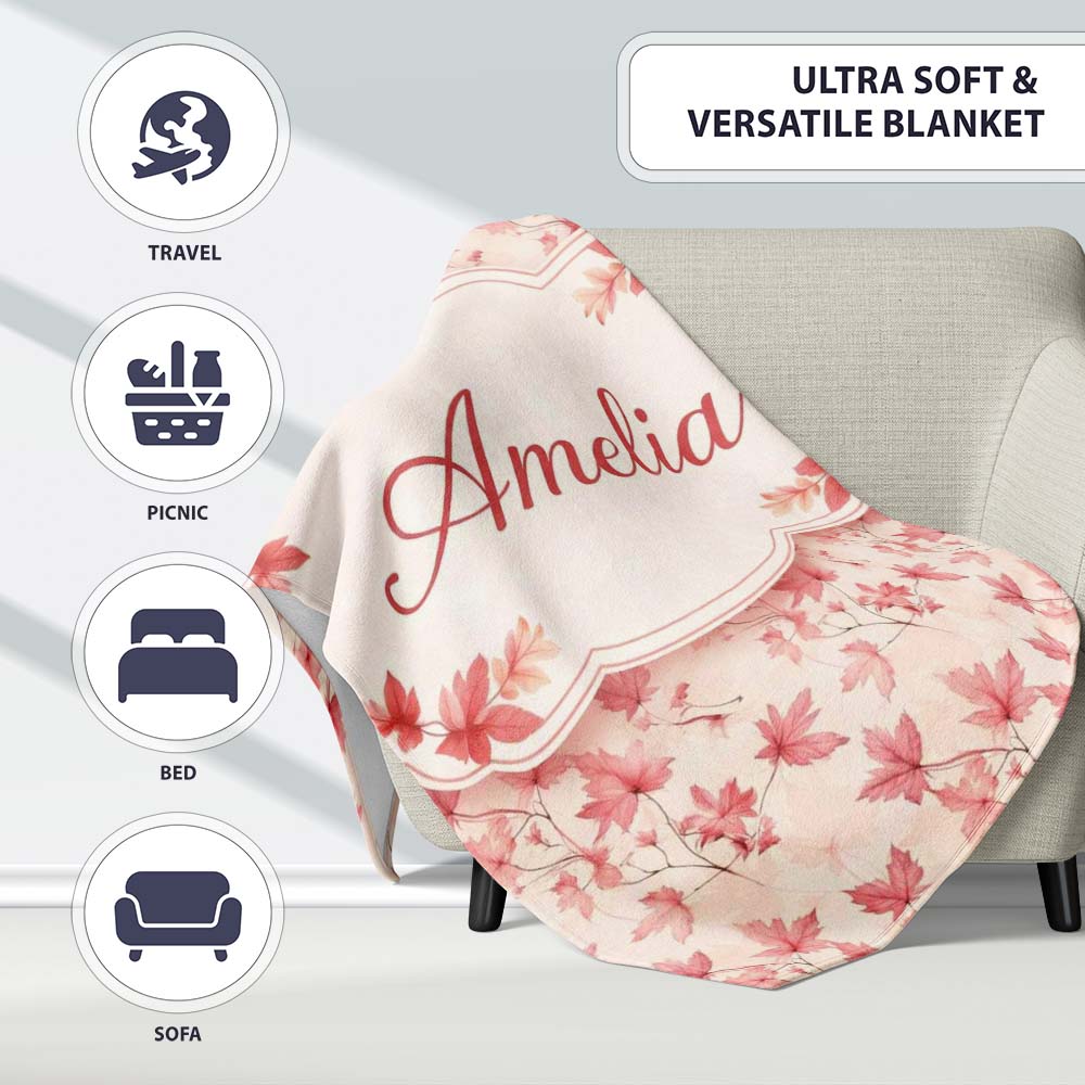 Blush Pink Maple Leaf Branches on Soft Cream Background Lovely  Personalised Custom Name Super Soft Fleece Blanket Bed Sofa Throw