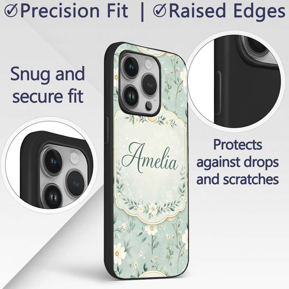 Green Floral Moon Seamless Pattern Charming Decor Custom Name Protective Phone Case Mobile Cover Durable Everyday Smartphone Shock Resistant