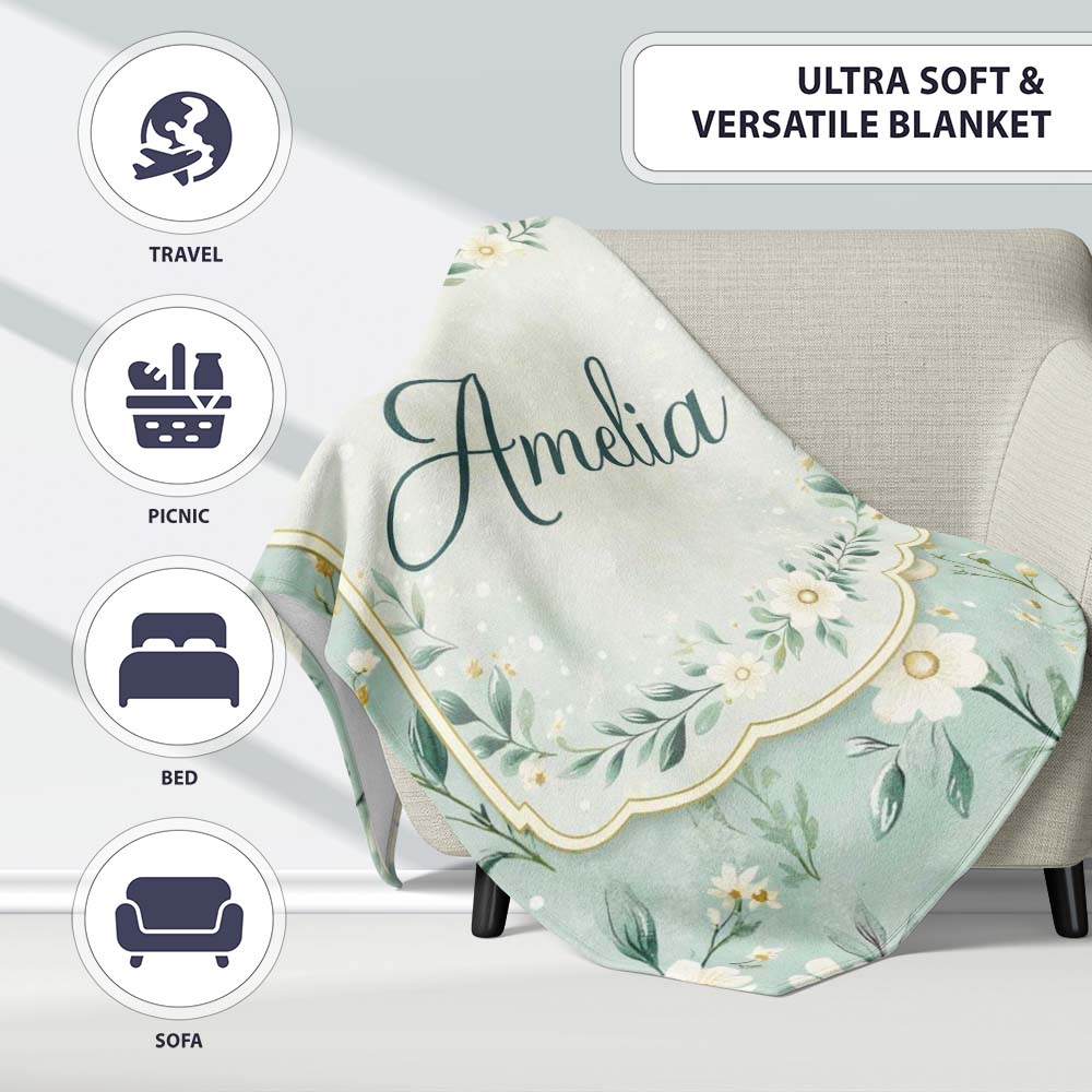 Green Floral Moon Seamless Pattern Charming  Decor Lovely  Personalised Custom Name Super Soft Fleece Blanket Bed Sofa Throw