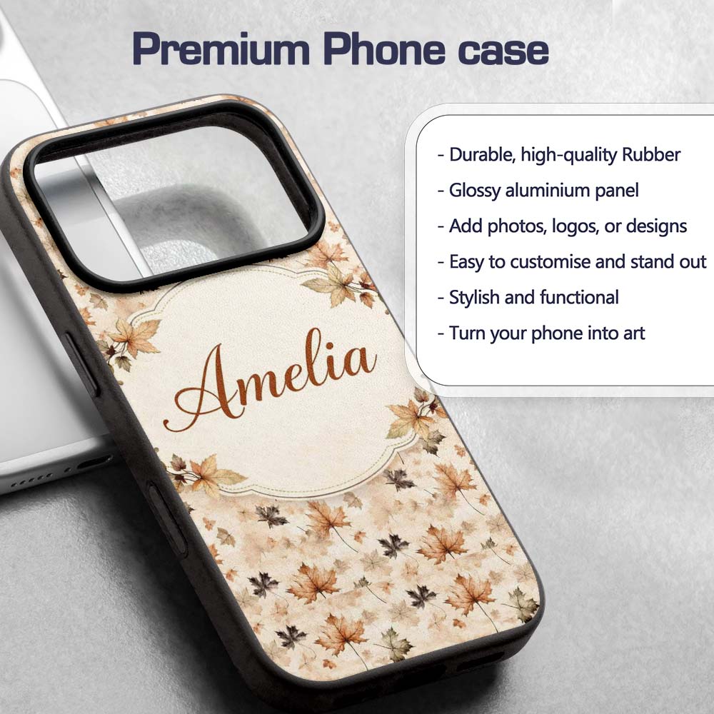 Vintage Style Autumn Leaves in Muted Brown and Custom Name Protective Phone Case Mobile Cover Durable Everyday Smartphone Shock Resistant