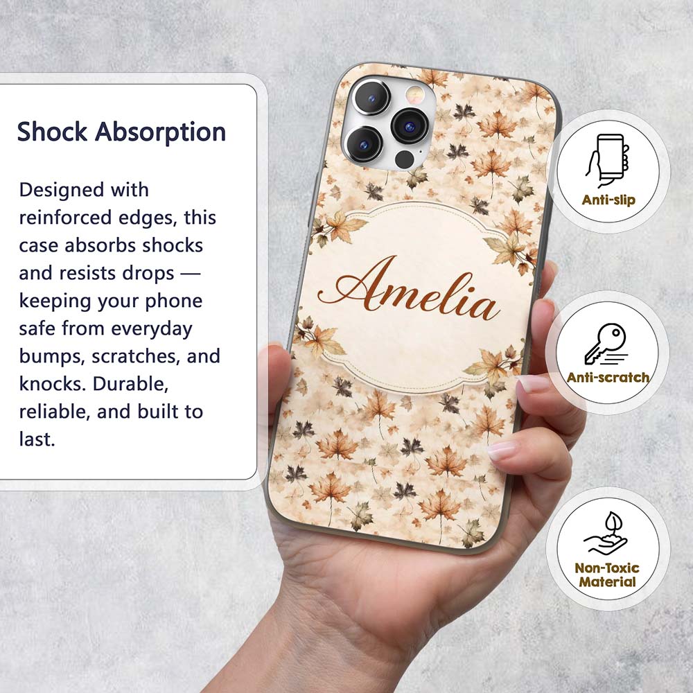 Vintage Style Autumn Leaves in Muted Brown and Custom Name Protective Phone Case Mobile Cover Durable Everyday Smartphone Shock Resistant
