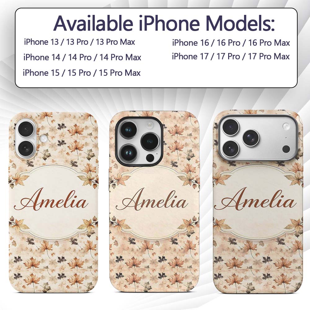 Vintage Style Autumn Leaves in Muted Brown and Custom Name Protective Phone Case Mobile Cover Durable Everyday Smartphone Shock Resistant