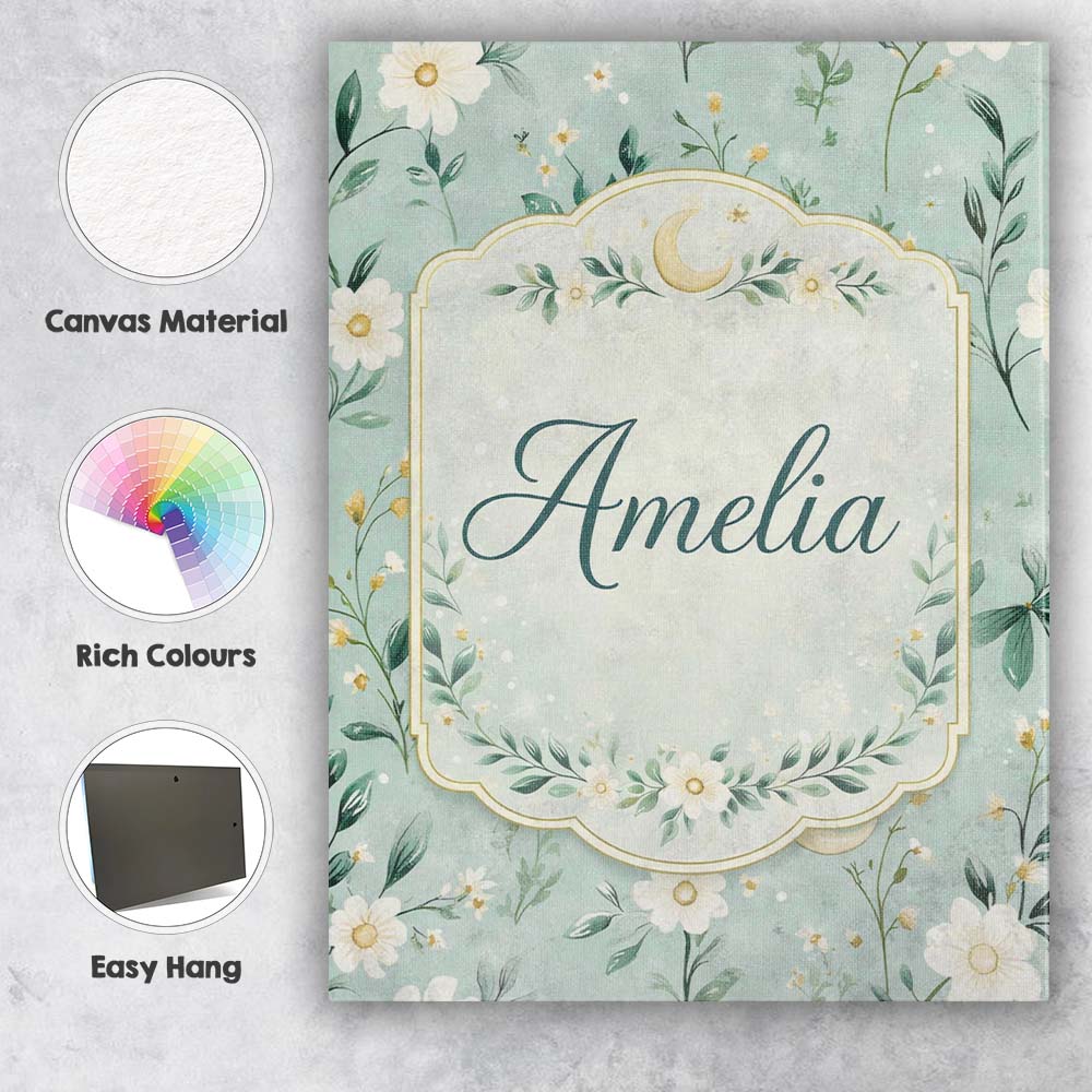 Personalised Name Green Floral Moon Seamless Pattern Charming Custom  Home Unique Canvas Wall Art Print Decor Picture Ready to Hang