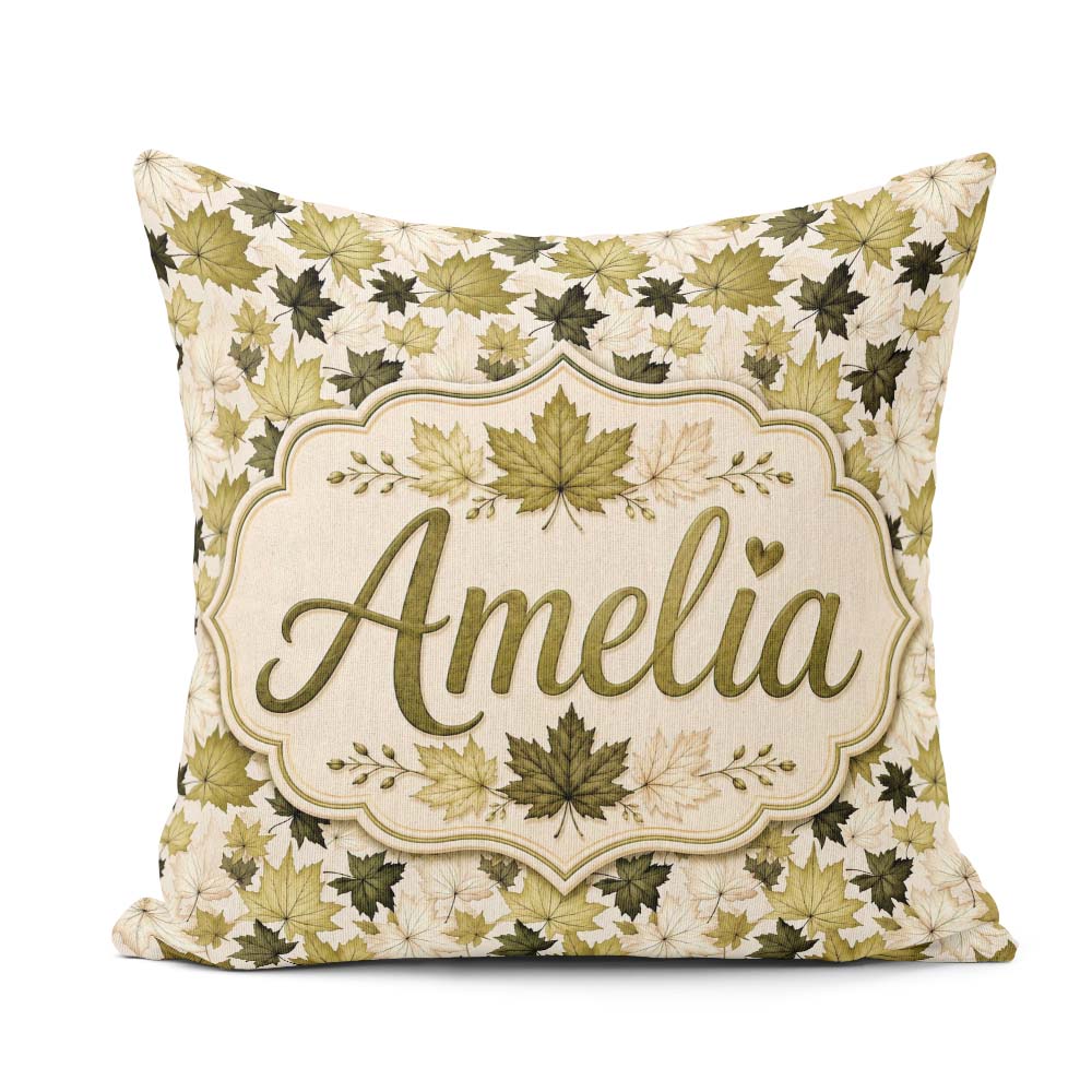 Custom Name Green and Cream Maple Leaf Pattern with Style Lovely Square Filled Cushion Throw Pillow Sofa Bed Home Decor Zip Washable UK Made
