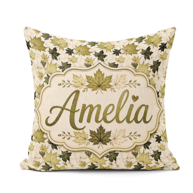 Custom Name Green and Cream Maple Leaf Pattern with Style Lovely Square Filled Cushion Throw Pillow Sofa Bed Home Decor Zip Washable UK Made