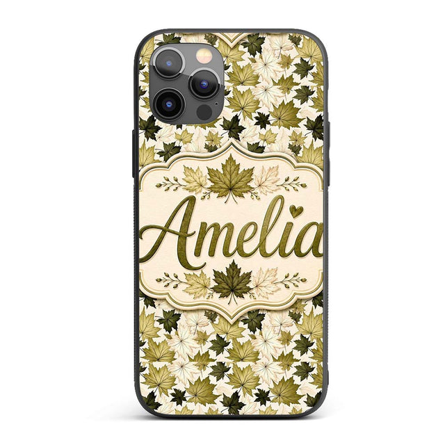Green and Cream Maple Leaf Pattern with Natural Custom Name Protective Phone Case Mobile Cover Durable Everyday Smartphone Shock Resistant