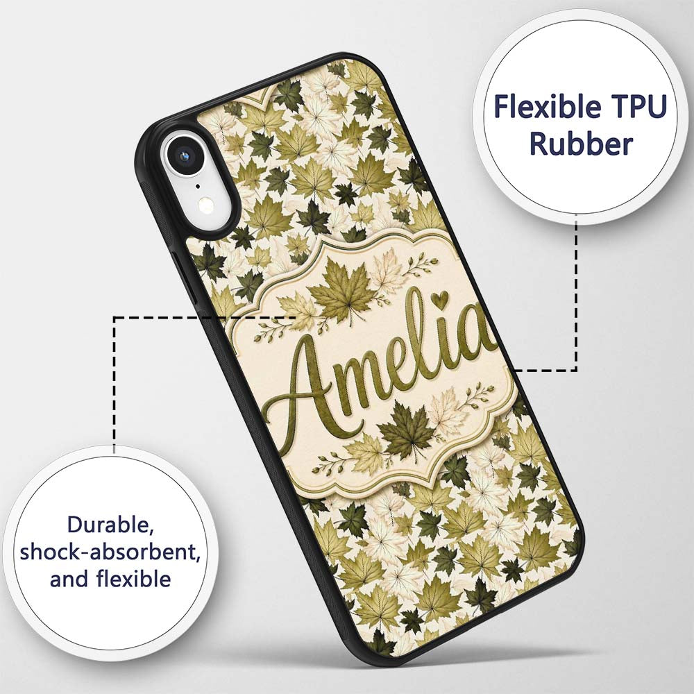 Green and Cream Maple Leaf Pattern with Natural Custom Name Protective Phone Case Mobile Cover Durable Everyday Smartphone Shock Resistant