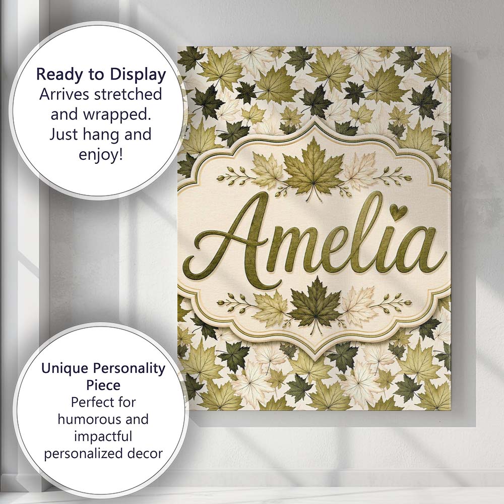 Personalised Name Green and Cream Maple Custom  Modern Room Accent Elegant Feature Canvas Wall Art Print Decor Picture Ready to Hang
