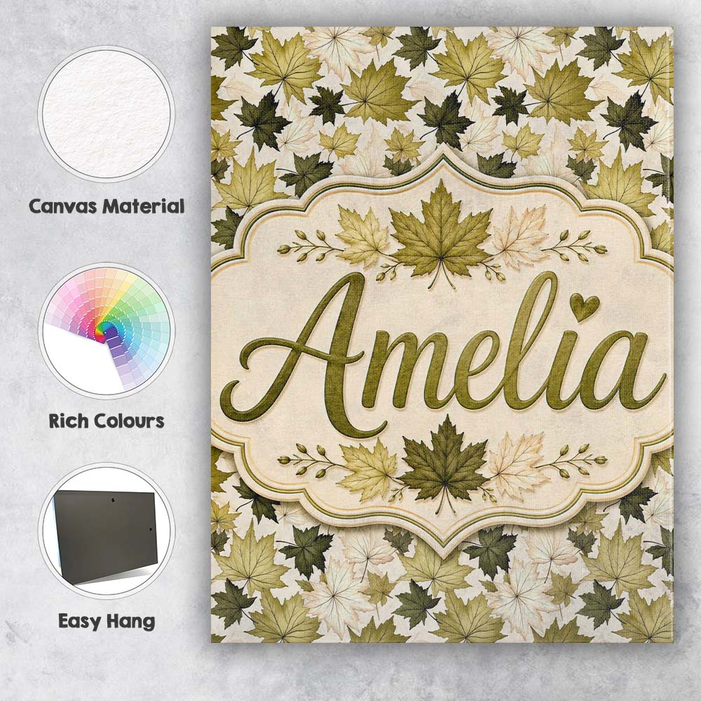 Personalised Name Green and Cream Maple Custom  Modern Room Accent Elegant Feature Canvas Wall Art Print Decor Picture Ready to Hang