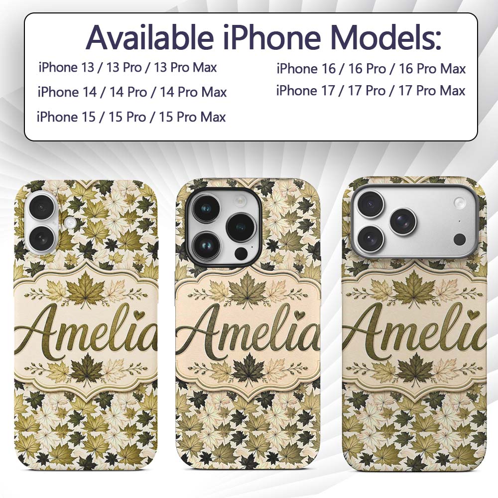 Green and Cream Maple Leaf Pattern with Natural Custom Name Protective Phone Case Mobile Cover Durable Everyday Smartphone Shock Resistant