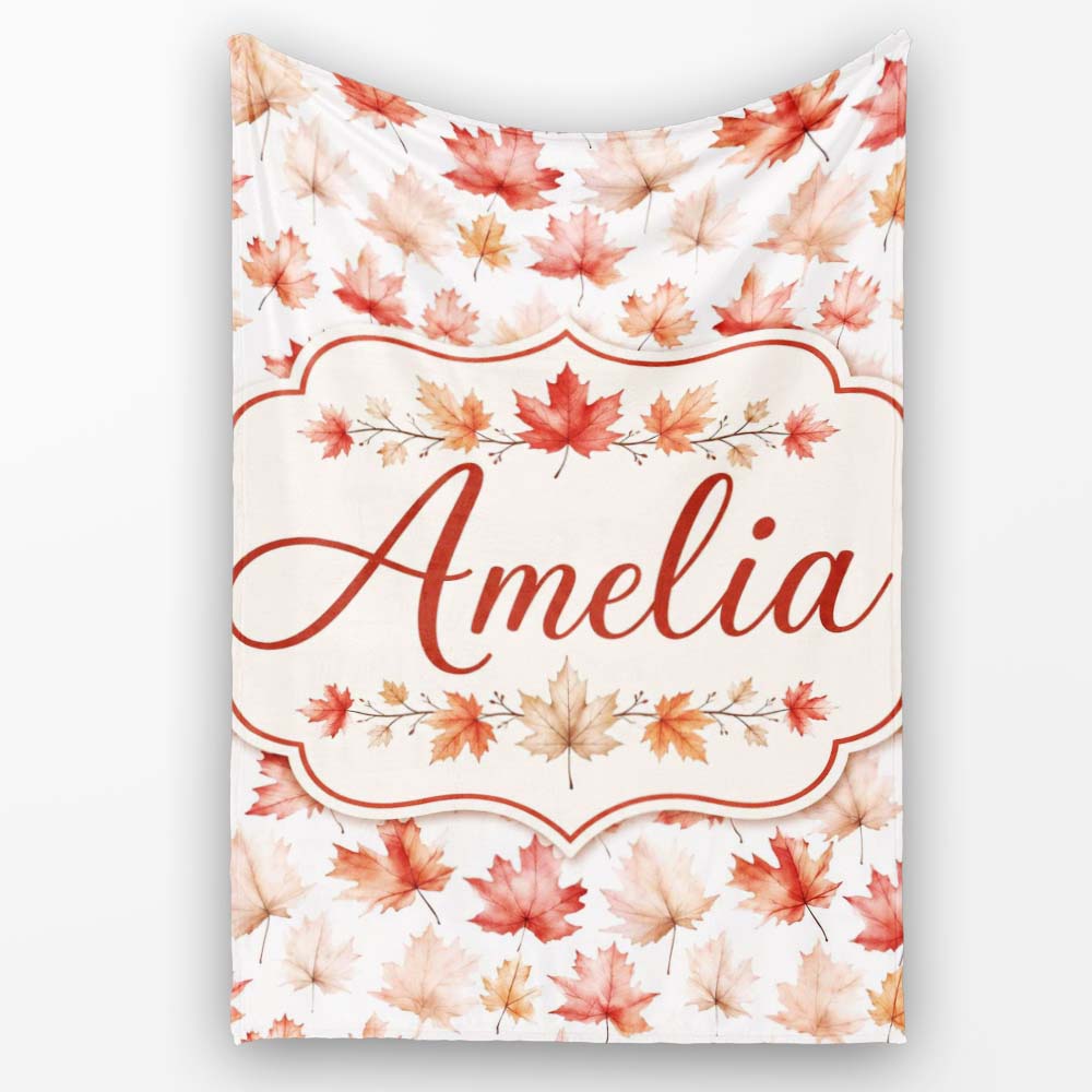 Rich Autumn Leaves in Deep Orange and Dark Green with Berry Detail  Personalised Custom Name Super Soft Fleece Blanket Bed Sofa Throw