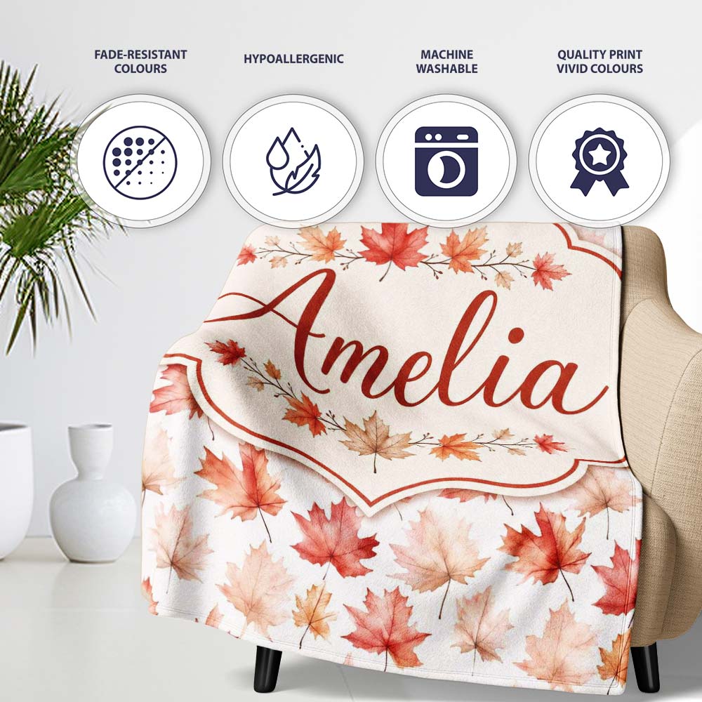 Rich Autumn Leaves in Deep Orange and Dark Green with Berry Detail  Personalised Custom Name Super Soft Fleece Blanket Bed Sofa Throw