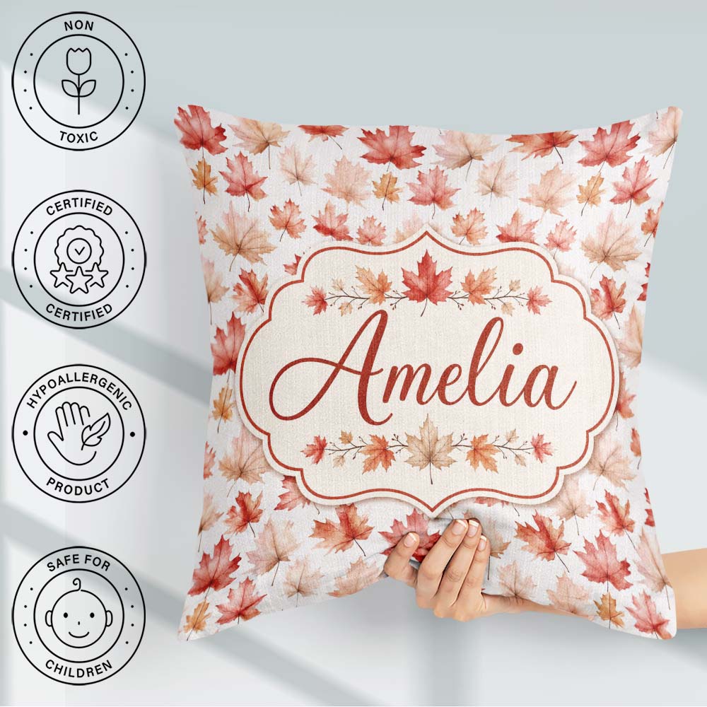 Custom Name Rich Autumn Leaves in Deep and Dark Green with Berry Square Filled Cushion Throw Pillow Sofa Bed Home Decor Zip Washable UK Made