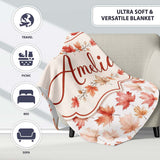 Rich Autumn Leaves in Deep Orange and Dark Green with Berry Detail  Personalised Custom Name Super Soft Fleece Blanket Bed Sofa Throw