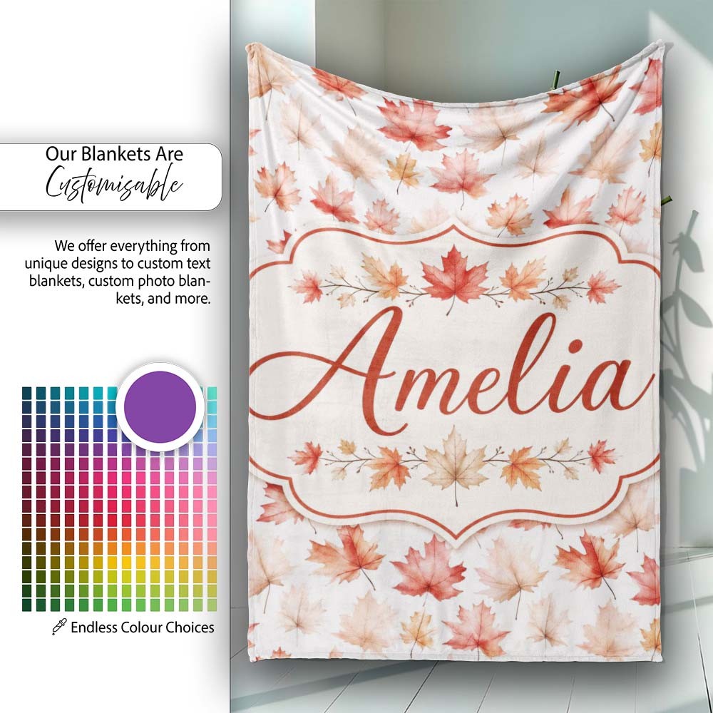 Rich Autumn Leaves in Deep Orange and Dark Green with Berry Detail  Personalised Custom Name Super Soft Fleece Blanket Bed Sofa Throw