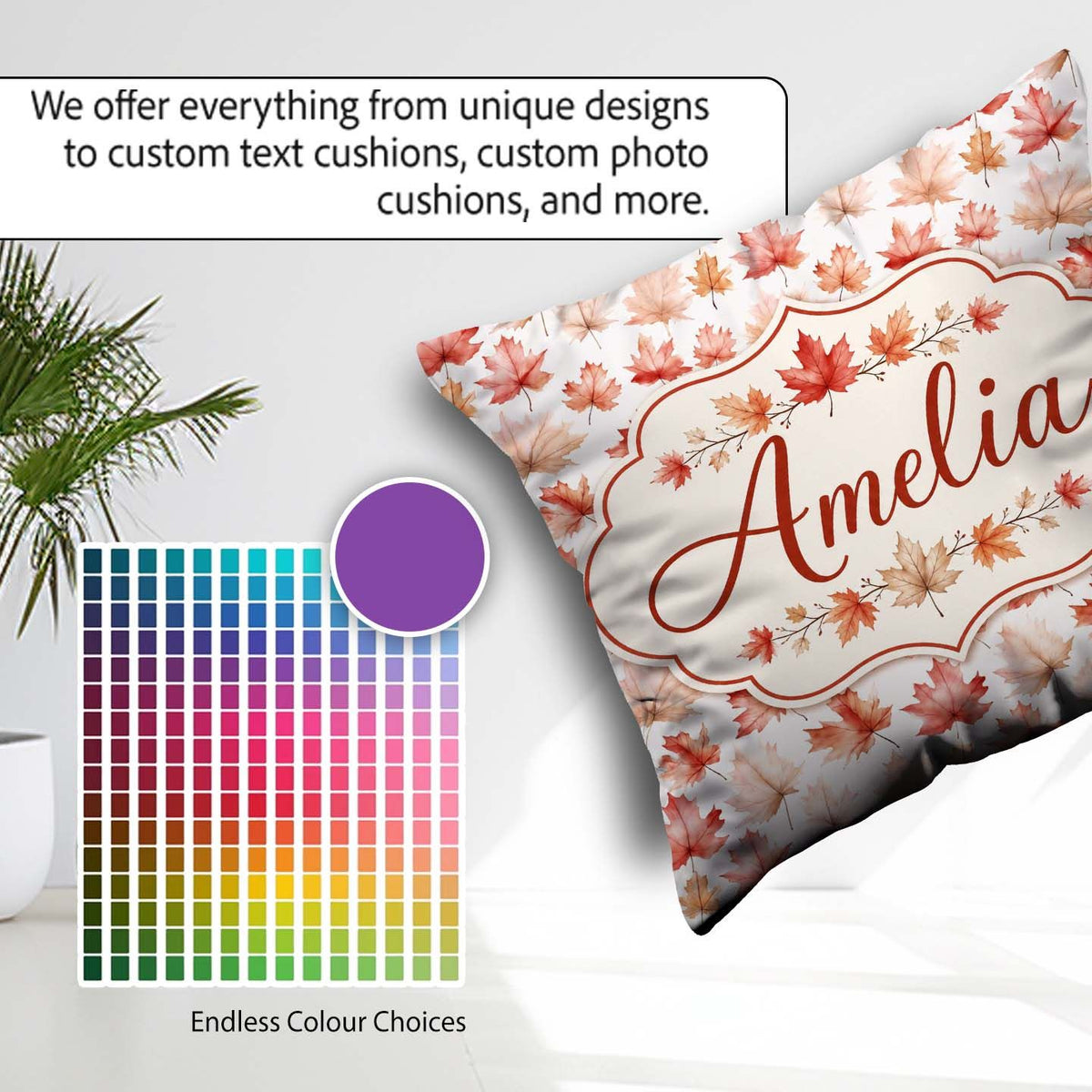 Custom Name Rich Autumn Leaves in Deep and Dark Green with Berry Square Filled Cushion Throw Pillow Sofa Bed Home Decor Zip Washable UK Made