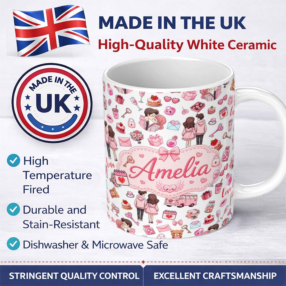 Personalized Custom Name Cute Love Couple Gifts Cakes Teddy Bear Pattern Light Grey Lovely 11oz Ceramic Coffee Tea Mug White Large Handle