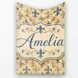 Elegant Neutral Fleur de Lis Pattern in Soft Beige Tones on Light  Personalised Custom Name Super Soft Fleece Blanket Bed Sofa Throw