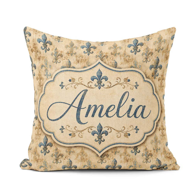 Custom Name Elegant Neutral Fleur de Lis in Beige Tones on Light Square Filled Cushion Throw Pillow Sofa Bed Home Decor Zip Washable UK Made