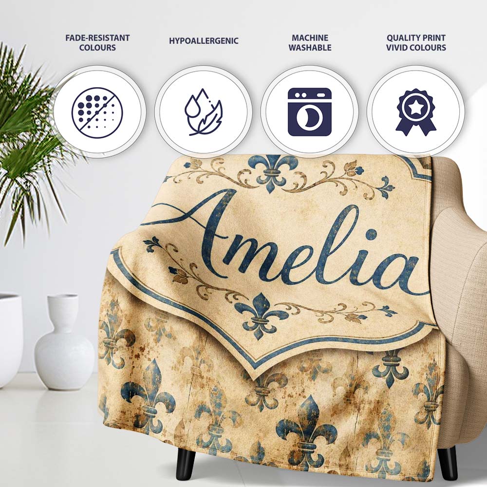 Elegant Neutral Fleur de Lis Pattern in Soft Beige Tones on Light  Personalised Custom Name Super Soft Fleece Blanket Bed Sofa Throw
