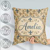 Custom Name Elegant Neutral Fleur de Lis in Beige Tones on Light Square Filled Cushion Throw Pillow Sofa Bed Home Decor Zip Washable UK Made