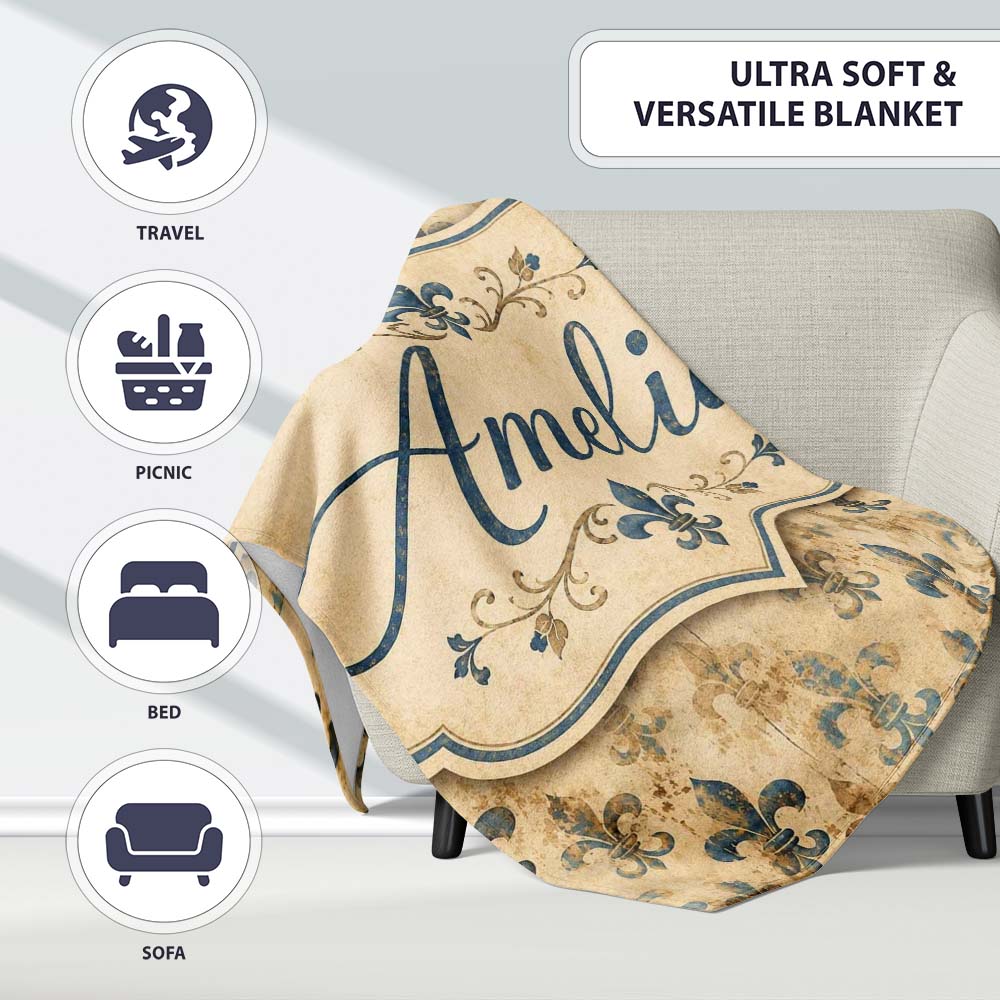 Elegant Neutral Fleur de Lis Pattern in Soft Beige Tones on Light  Personalised Custom Name Super Soft Fleece Blanket Bed Sofa Throw