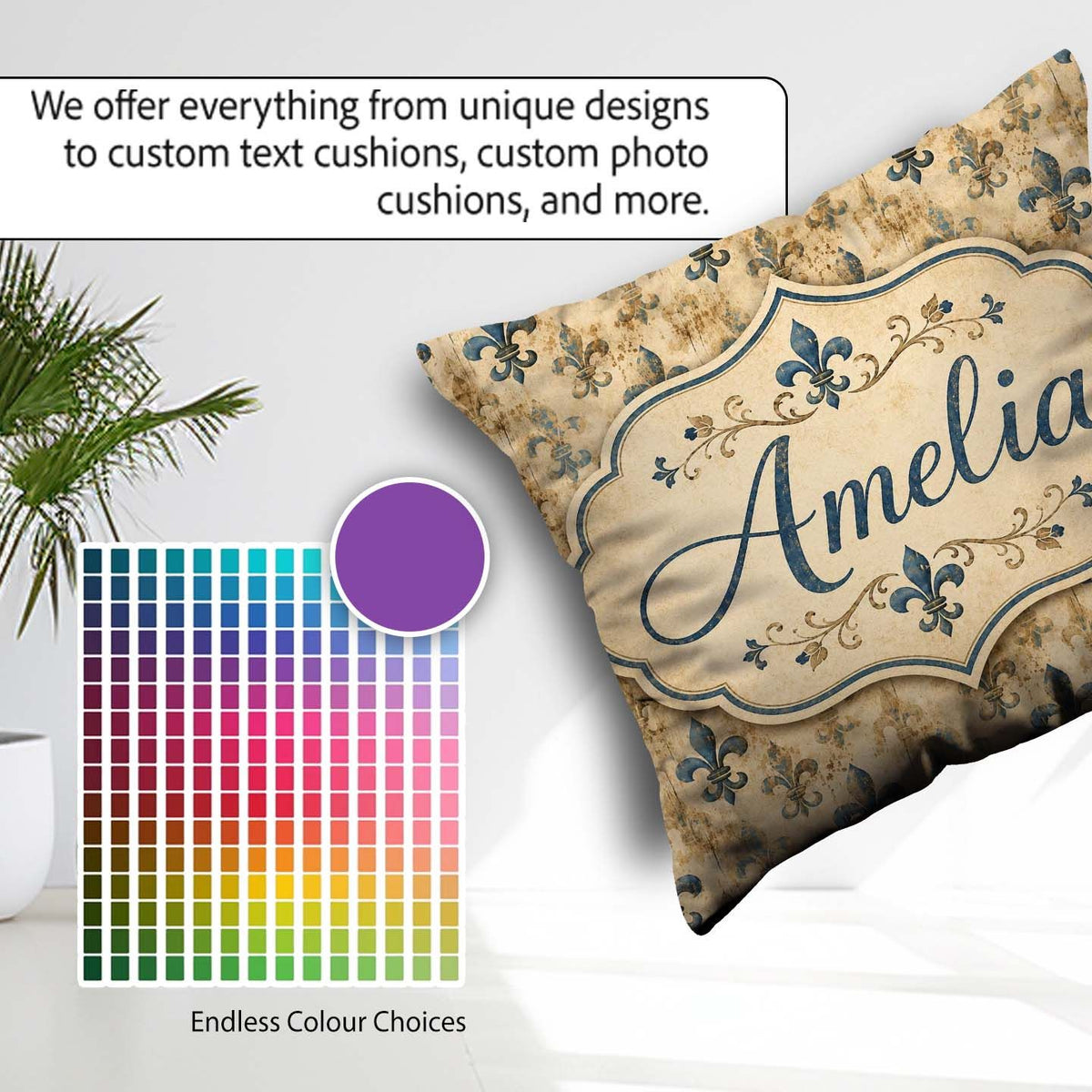 Custom Name Elegant Neutral Fleur de Lis in Beige Tones on Light Square Filled Cushion Throw Pillow Sofa Bed Home Decor Zip Washable UK Made
