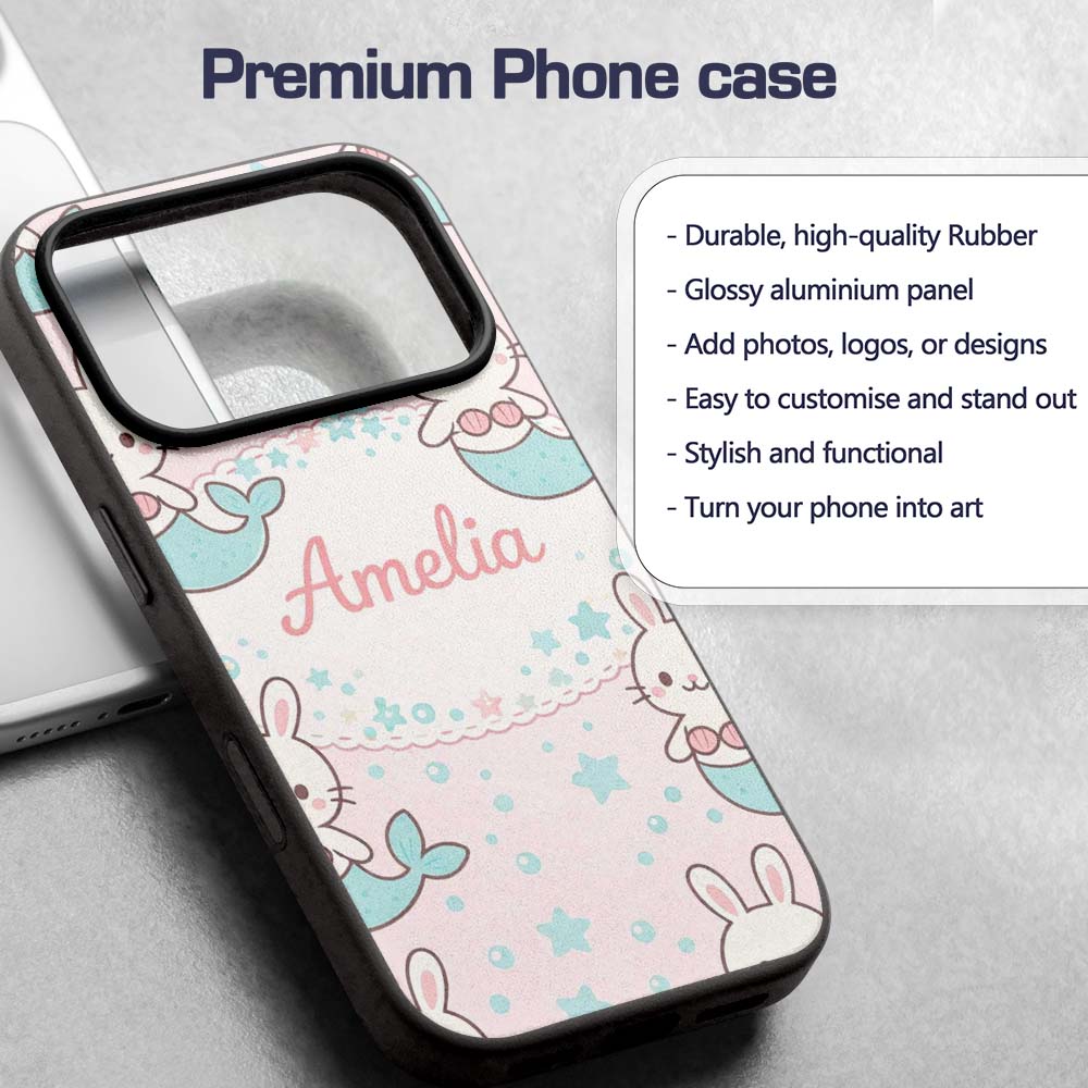Cute Bunny Mermaid Cartoon Animal Printed Design Custom Name Protective Phone Case Mobile Cover Durable Everyday Smartphone Shock Resistant