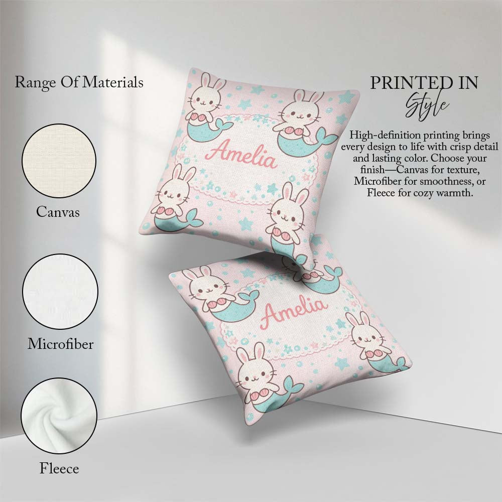 Custom Name Cute Bunny Mermaid Cartoon Animal Pattern Everyday Square Filled Cushion Throw Pillow Sofa Bed Home Decor Zip Washable UK Made